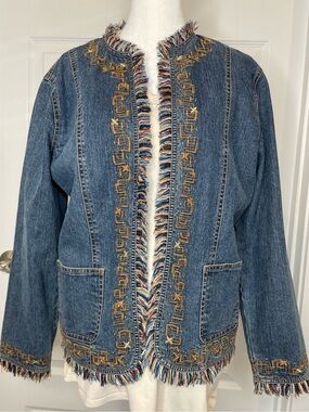 Ruby Road Denim Fringe Embroidered Jacket Size Small